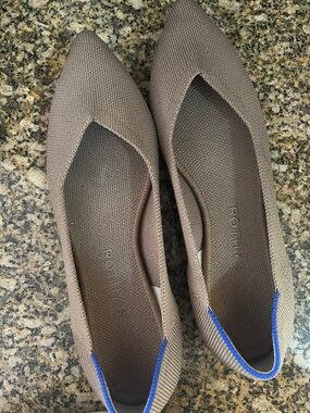 Rothy's Taupe Pointed-Toe Flats with Blue Trim